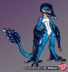 anthro breasts dinosaur dinosaur_girl dromaeosaurid feathered_dinosaur feathers genitals hi_res microraptor nipples non-mammal_breasts nude predaguy pussy reptile scalie solo theropod