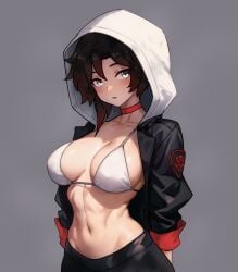 1girls alternate_breast_size bikini_top bluefield breasts female hi_res hood hooded_jacket huge_breasts large_breasts light-skinned_female light_skin red_hair ruby_rose rwby short_hair