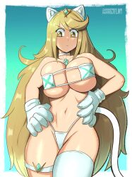 assentlov big_breasts bikini blonde_hair breasts cat_ears cat_gloves cat_tail catgirl choker cleavage core_crystal gloves gold_tiara hands_on_hips large_breasts long_hair mythra tail thigh_garter tiara xenoblade_(series) xenoblade_chronicles_2 yellow_eyes