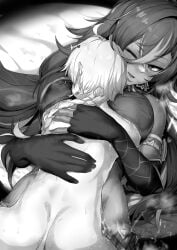 1boy 1girls aether_(genshin_impact) ass big_breasts blush bodily_fluids breasts cum cum_in_pussy cum_inside dark-skinned_female dark_skin dehya_(genshin_impact) duo female genshin_impact huge_breasts hugging large_breasts light-skinned_male light_skin male monochrome nude nude_male osterei sex size_difference sweat vaginal_penetration