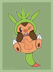 anus ass balls brown_body chespin erection foreskin generation_6_pokemon genitals green_background hi_res hiding_face male nintendo penis pokemon pokemon_(species) sherwind52 simple_background solo spread_legs spreading tail