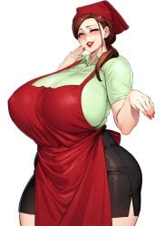 apron blush breasts brown_hair huge_breasts kisuu lipstick mature_female milf nail_polish nipple_bulge original plump shirt skirt smile thick_thighs white_background wide_hips wink