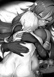 1boy 1girls aether_(genshin_impact) ass big_breasts blush bodily_fluids breasts dark-skinned_female dark_skin dehya_(genshin_impact) duo female genshin_impact huge_breasts hugging large_breasts light-skinned_male light_skin male monochrome nude nude_male osterei sex size_difference sweat vaginal_penetration