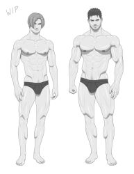 2boys abs briefs chris_redfield gay greyscale leon_scott_kennedy male_only monochrome muscular_male muscular_male_only resident_evil resident_evil_2 underwear_only videogamehunks