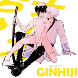 alternate_costume annoyed black_hair blush crossdressing embarrassed full_body fully_clothed gay gintama gintoki_sakata gloves hijikata_toshiro katana kneeling looking_at_another male male_only nurse nurse_cap nurse_uniform pale-skinned_male pale_skin pelvic_curtain sitting smile straddling sword thighhighs vanishwine weapon white_gloves white_hair white_legwear white_thighhighs yaoi