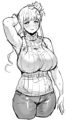 1girls alraune armpits bbw big_breasts blush breasts curvy denim elf-san_wa_yaserarenai female flower greyscale hair_flower hair_ornament highres huge_breasts humanoid jeans kusahanada long_hair looking_at_viewer monochrome monster_girl pants plant_girl plump pointy_ears ribbed_sweater simple_background sleeveless sleeveless_turtleneck solo sweat sweater synecdoche thick_thighs turtleneck voluptuous white_background wide_hips