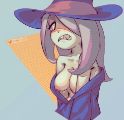 after4 annoyed blush breasts clothed flashing flashing_breasts inverted_nipples little_witch_academia long_hair looking_away pale-skinned_female pale_skin purple_hair red_eyes sharp_teeth shy smooth_skin sucy sucy_manbavaran teeth undressing uniform unusual_teeth witch witch_hat