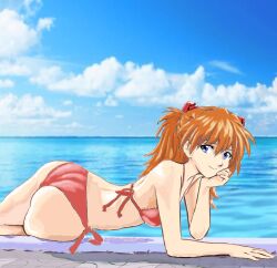 1girls arm_support ass asuka_langley_sohryu big_ass bikini blue_eyes blue_sky breasts child_bearing_hips day fat_ass female female_only highres huge_ass legs looking_at_viewer lying medium_breasts neon_genesis_evangelion orange_hair pool pose posing red_bikini seductive_smile sensual shiny_skin side-tie_bikini_bottom sideboob sky smile solo souryuu_asuka_langley swimsuit thick_thighs thighs twintails water wide_hips