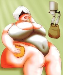 1girls bbw blessedarethethick blush breasts burger chubby clothing fat female female_only food huge_belly huge_breasts light-skinned_female light_skin nier nier:_automata obese overweight short_hair solo thick_thighs weight_gain white_hair yorha_2b