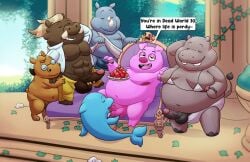 abs adventure_time anthro balls bikini bikini_top blonde_hair bottomwear brown_body brown_fur brown_hair cartoon_network cetacean cheating_husband clothed clothed/nude clothing common_hippopotamus dolphin domestic_pig equid equine erection fur gay genitals grey_body group hair hippopotamid horse leonthelionel looking_at_viewer male male/male mammal marine mr._pig muscular muscular_anthro muscular_male nude open_mouth overweight overweight_anthro overweight_male pants penis pink_body pink_hair pink_skin rhinoceros robe sex shirt smile suid suina sus_(pig) swimwear toothed_whale topwear wild_boar