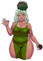 :3 alraune alternate_color apron blue_eyes breasts chubby chubby_female cleavage coffee_cup collarbone commentary covered_navel cowboy_shot cup cute_fang dark-skinned_female dark_skin disposable_cup elf-san_wa_yaserarenai female green_apron hair_ornament iced_latte_with_breast_milk kusahanada large_breasts light_green_hair looking_at_viewer marker meme naked_apron oerba_yun_fang open_mouth plant plump pointy_ears sidelocks skindentation smile solo synecdoche thick_eyebrows thick_thighs thighs venus_flytrap wavy_hair white_background