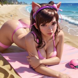 ai_generated beach bikini blizzard_entertainment d.va hana_song overwatch solo stable_diffusion sunshine waves