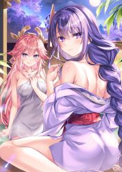 2girls animal_ears ass bare_shoulders blush braid braided_ponytail breasts cleavage earrings female_only fox_ears fukase_ayaka full_moon genshin_impact hair_ornament japanese_clothes jewelry kimono large_breasts long_hair long_sleeves looking_at_viewer looking_back mole mole_under_eye moon multiple_girls night night_sky off_shoulder onsen pink_hair purple_eyes purple_hair purple_kimono raiden_shogun sash sidelocks sky smile thighs towel very_long_hair wide_sleeves yae_miko