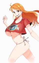 areola_slip ass barely_visible_nipples big_breasts bikini bikini_bottom female female_only jerrydurd long_hair looking_at_viewer nami one_piece post-timeskip skimpy solo t-shirt tagme underboob weather_queen