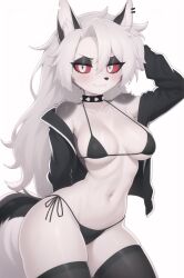 ai_generated animal_ears animal_nose arm_up bikini black_bikini black_legwear body_fur breasts collar collarbone cowboy_shot dog_ears dog_tail female furry furry_female helluva_boss jacket long_hair looking_at_viewer loona_(helluva_boss) medium_breasts navel off_shoulder open_clothes red_eyes side-tie_bikini simple_background smile soda_uyu solo swimsuit sywu02 tail thighhighs two-tone_fur white_background white_fur white_hair