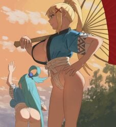 2girls aqua_(konosuba) ass blonde_hair blue_hair breasts darkness_(konosuba) fan female female_only fundoshi happi huge_ass japanese_clothes kono_subarashii_sekai_ni_shukufuku_wo! large_breasts multiple_girls niwatori5948 smile standing waving yamakasa