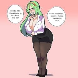 1girls beauty_mark bluueygooey breasts cleavage come_hither curvy english_text female female_only green_eyes green_hair grin huge_breasts inviting kid_icarus long_hair mature mature_female mole mole_on_breast nail_polish nintendo office_lady palutena pantyhose red_nails shirt skirt smile solo teasing text thick_thighs voluptuous