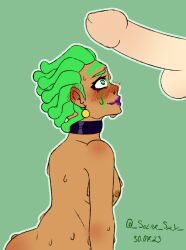 2023 2boys _solar_sky_ big_penis blush blush blush_lines choker cioccolata digital_media_(artwork) dreadlocks earrings giant_penis green_eyes green_hair huge_cock jojo's_bizarre_adventure light-skinned_male light_skin looking_at_penis makeup male male_only messy_lipstick penis simple_background smiling sweat sweating white_penis