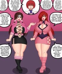 brainwashing brown_eyes brown_hair dialogue eyeshadow iori_yagami king_of_fighters kyo_kusanagi lipstick queen_hina red_eyes red_hair rule_63 shermie_(cosplay)