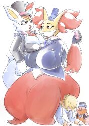 aceburn alternate_breast_size anthro ass big_butt big_dom_small_sub breast_rest breast_size_difference breasts bulging_breasts cinderace delphox digital_media_(artwork) digital_painting_(artwork) dominant dominant_female female female_focus forniphilia generation_6_pokemon generation_8_pokemon greedent group hi_res holowear_(pokemon) human juice_box mahoxy male mammal nintendo obese obese_anthro obese_female overweight overweight_anthro overweight_female pokemon pokemon_(species) pokemon_unite sitting_on_another size_difference smaller_male submissive submissive_male tapirclip volo_(pokemon) wide_hips yokubarisu