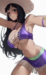 alabasta alternate_hair_length arabasta_saga black_hair blue_eyes blush bursting_breasts cowboy_hat cowgirl dark_skin female female_only fringe_trim jerrydurd large_breasts long_hair miniskirt miss_all_sunday nico_robin no_bra one_piece pre-timeskip solo string underboob vest