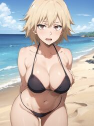 ai_generated bakugou_mitsuki beach beach_background bending_forward big_breasts bikini black_bikini boku_no_hero_academia breasts hand_on_breast mitsuki_bakugou my_hero_academia open_mouth rocks sand sea stones