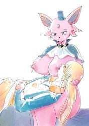 alternate_breast_size alternate_costume anthro bedding blanket bodily_fluids breast_milking breastfeeding breasts clothing duo eeveelution eifie_(pokemon) espeon exposed_breasts female female_anthro generation_2_pokemon hat headgear headwear hi_res holding_head holowear_(pokemon) human infantilism interspecies lactating male male/female mammal milk nintendo nipples pokemon pokemon_(species) pokemon_unite pokephilia romantic romantic_ambiance tapirclip top_hat volo_(pokemon)