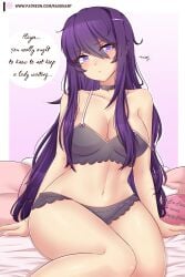 1girls bed belly belly_button blush bra breasts clothed clothing doki_doki_literature_club eyebrows eyebrows_visible_through_hair eyelashes eyes female female_only light-skinned_female lingerie looking_at_viewer messy_hair navel panties pout pouting purple_eyes purple_hair raionart scar scar_on_arm scars self_harm_scars sitting sitting_on_bed solo_female solo_focus talking talking_to_viewer url video_games wholesome yuri_(doki_doki_literature_club)