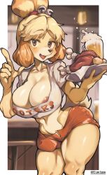 animal_crossing anthro areola areola_slip areolae beer beer_mug big_breasts breasts brown_eyes canid canine cleavage collarbone domestic_dog eipelppa female food furry holding_food holding_object hooters hooters_uniform iepelppa iparuputsua ipelppa isabelle_(animal_crossing) mammal navel nintendo shirt shorts solo tail thick_thighs wide_hips yellow_fur