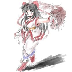 1girls ainu_clothes between_breasts big_breasts black_hair breasts busty cleavage female female_only fingerless_gloves gloves grey_eyes hair_ribbon highres king_of_fighters large_breasts legs long_hair mamahaha nakoruru oekaki pants ribbon samurai_shodown snk thighs voluptuous weapon