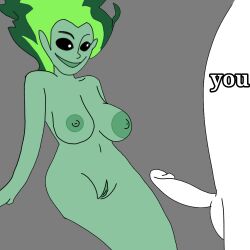 1boy 1boy1girl 1girls assymetrical_areolae_size breasts cartoon_network fed_4701 ghost ghost_girl green_skin large_areolae mother_poltergeist_(villainous) penis villainous