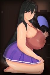 1girls 2022 3d black_hair blush breasts brown_eyes dark_nipples erect_nipples erect_nipples_under_clothes expressionless female half-closed_eyes hi_res high_resolution highres holding_object indoors looking_at_viewer looking_to_the_side mature mature_female milf nipples original see-through see-through_clothing skirt steam steaming_body sweat sweatdrop vyrus_smith wet
