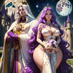 ai_generated boquet couple eyes female hair huge_breasts night purple starry thick thick_thighs tight_clothing wedding white