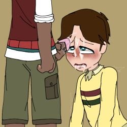 2boys big_penis blue_eyes blush brown_hair cody_(tdi) cum_in_mouth gay heart-shaped_pupils indoors jacket kneeling light_skin looking_up male/male male_only noah_(tdi) open_mouth total_drama_island twink yaoi