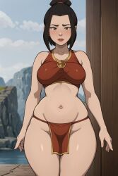 1girls ai_generated avatar_legends avatar_the_last_airbender azula brown_hair female female_only fire_nation gardener_ai lipstick makeup revealing_clothes skimpy solo stable_diffusion swimsuit tagme thick_thighs topknot wide_hips