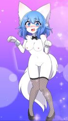 animal_humanoid blue_eyes blue_hair blush breasts canid canid_humanoid canine canine_humanoid canis clothing embarrassed female fur genitals hair hi_res humanoid legwear looking_at_viewer mammal mammal_humanoid nipples nude pussy solo sunniarts thighhighs virtual_youtuber white_body white_fur wolf wolf_humanoid wolfychu youtube youtuber