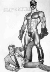 bdsm_gear bdsm_outfit black_and_white bondage dominant dominant_male domination fetish fetish_wear gay gay_anal gay_domination gay_sex homosexual leather leather_boots leather_clothing leather_gloves male male_focus male_only masculine master muscles muscular muscular_male police_hat slave speedo submissive submissive_male sunglasses tom_of_finland vintage whip