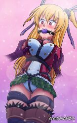 alisa_reinford artist_name ball_gag big_breasts blonde_hair blush bondage breast_grab breasts commission drooling eiyuu_densetsu gag gagmanzx grabbing_breasts red_eyes rope_bondage school_uniform sen_no_kiseki