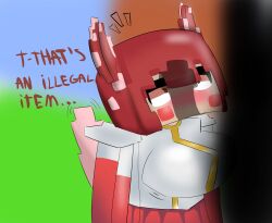 blush cherri_(ethobot) cherry_(ethobot) clothed dialogue dick_shadow ethobot mcyt minecraft mysaltisexposed penis_shadow red_eyes red_hair shadow tagme tail text