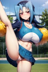 1girls 3:2_aspect_ratio ai_generated angry belly blue_hair blue_skirt blue_sky blush braless cheerleader cheerleading_uniform clothing clouds eroeroai female huge_breasts kamishiro_rio light_skin light_skinned_female looking_at_viewer navel nipples no_bra_under_clothes one_leg_raised pom_pom_(cheerleading) pussy_juice questionable red_eyes red_eyes_female rio_kamishiro skirt sky slight_blush solo underwear unhappy_female white_clouds yu-gi-oh! yu-gi-oh!_zexal