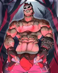 1boy 2022 abs balls bara barazoku biceps big_bulge bulge bulge_through_clothing clothing fenrir_(wolfshirtart) gay halloween hi_res highres huge_bulge male male_focus male_only male_pubic_hair manly mask muscles muscular muscular_arms muscular_male penis penis_outline precum precum_drip solo solo_male sweat taking_clothes_off twitter_user_oc underwear werewolf wolfshirtart