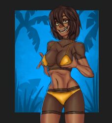 background bedroom_eyes bikini bikini_bottom bikini_top brown_hair cottt(artist) dark-skinned_female dark_skin female female_focus female_only half-closed_eyes holding_breast large_breasts looking_at_viewer original original_character pressing_breasts_together shiny_skin short_hair simple_background smile smiling straight thick_thighs