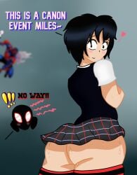 1girls blushing canon_event clothed clothing fanon_couple female heart looking_back_at_partner marvel miguel_o'hara miles_morales no_panties peni_parker skirt spider-man:_across_the_spider-verse spider-man_(series) sweat sweatdrop sweating tagme text