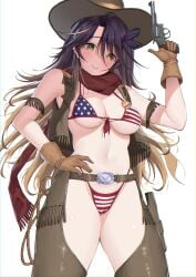 1girls american_flag_bikini belly_button big_breasts bikini blonde_hair blush breasts cowgirl female female_only gloves gun hat himeliofon light-skinned_female light_skin looking_at_viewer lua_asuka production_kawaii purple_hair revolver smile solo swimsuit two_tone_hair virtual_youtuber weapon yellow_eyes