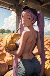 1girls ai_generated almost_naked almost_nude entrapta female female_only overalls overalls_aside overalls_only pixai purple_hair red_eyes she-ra_and_the_princesses_of_power sideboob solo