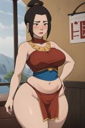 1girls ai_generated avatar_legends avatar_the_last_airbender azula brown_hair female female_only fire_nation gardener_ai lipstick loincloth makeup pelvic_curtain revealing_clothes skimpy solo stable_diffusion swimsuit thick_thighs topknot wide_hips