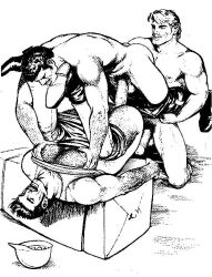 3boys 3males black_and_white gay gay_anal gay_domination gay_sex gay_threesome group group_sex homosexual male_only masculine muscles muscular muscular_male pec_grab pec_grasp pec_squeeze pecs threesome tom_of_finland vintage