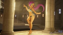 1girls 3d 3d_(artwork) barefoot bathhouse bikini blue_bikini blue_eyes breasts dancing dark-skinned_female dark_skin dochaunt24 female leg_up long_hair looking_at_viewer navel ponytail purple_hair shantae shantae_(character) small_breasts smiling smiling_at_viewer sole_female solo striped_bikini sunlight tiara tiptoes watermark wayforward wide_hips