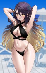 1girls armpits arms_behind_head belly_button big_breasts bikini blonde_hair blush breasts eyebrows_visible_through_hair female female_only hair_ornament kohanayuki light-skinned_female light_skin lua_asuka outside production_kawaii purple_hair sky solo swimsuit two_tone_hair virtual_youtuber yellow_eyes