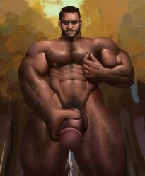 balls bara barret_wallace beard big_penis black_hair body_hair br_nhyaa cum dark-skinned_male dark_skin facial_hair final_fantasy final_fantasy_vii holding_penis male male_focus male_only muscles muscular nude orgasm penis solo solo_male sunglasses